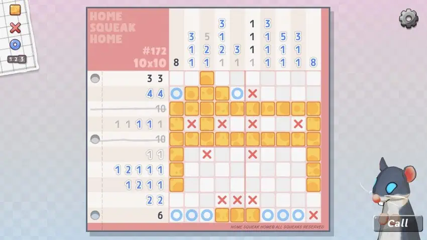 Puzzle game grid with colorful blocks and X marks, showcasing a cozy gaming experience.