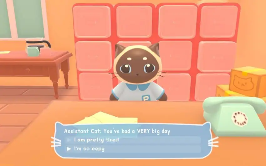 Adorable cat character sitting at a desk in a cozy game setting.