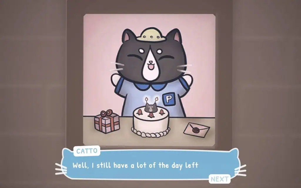 Cute cat character celebrating with cake in cozy game scene.