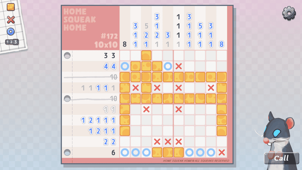 Puzzle game screenshot featuring grid with numbers and characters, suitable for cozy game reviews.