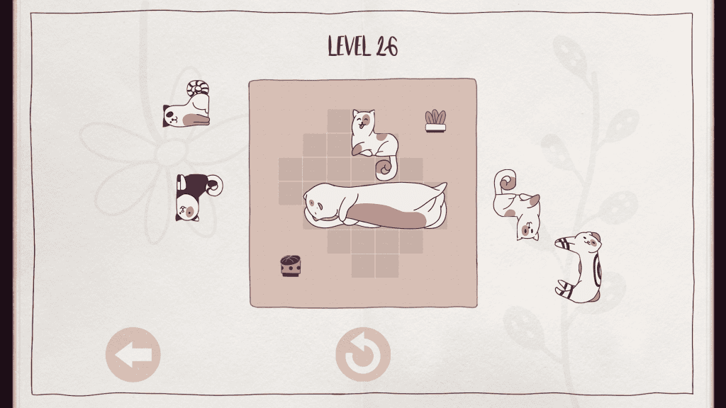Screenshot of Puzzle Game Level 26 featuring a white dog, cat, and mouse on a grid.