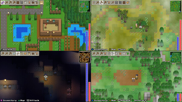 Delverium Steam game screenshot of co-op splitscreen for 4 players 