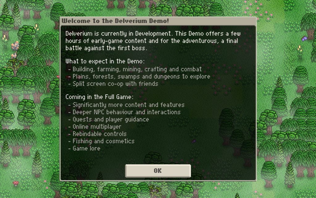 Delverium Steam game screenshot of game demo welcome message 