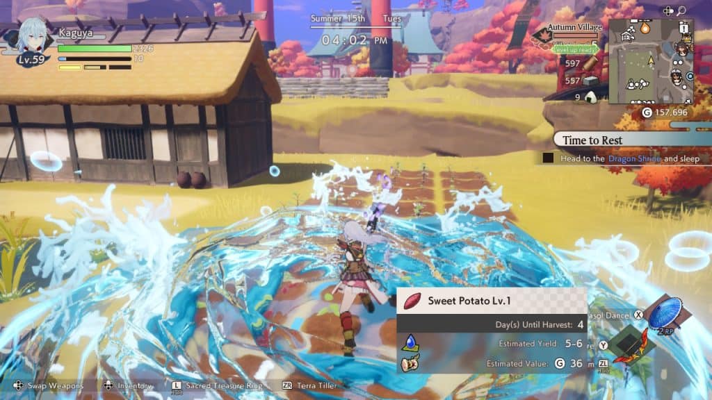 Action-packed scene from Rune Factory: Guardians of Azuma showcasing combat and farming elements.