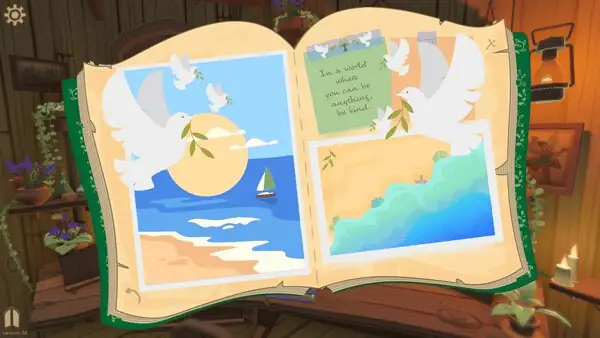 Peaceful dove flying over a beach scene in a storybook illustration.