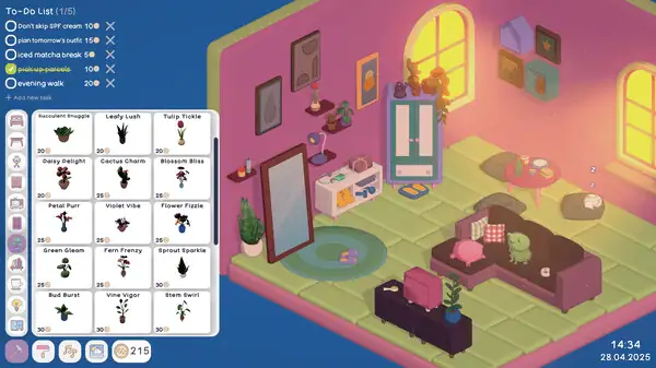 Bright cozy game room with colorful furniture and warm lighting.