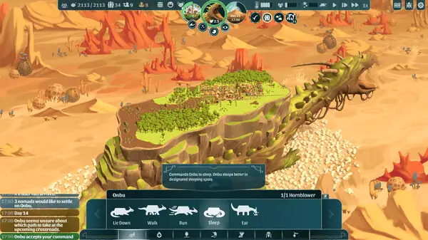 Desert landscape featuring a large dinosaur with a green back and spiked tail in a cozy game setting.