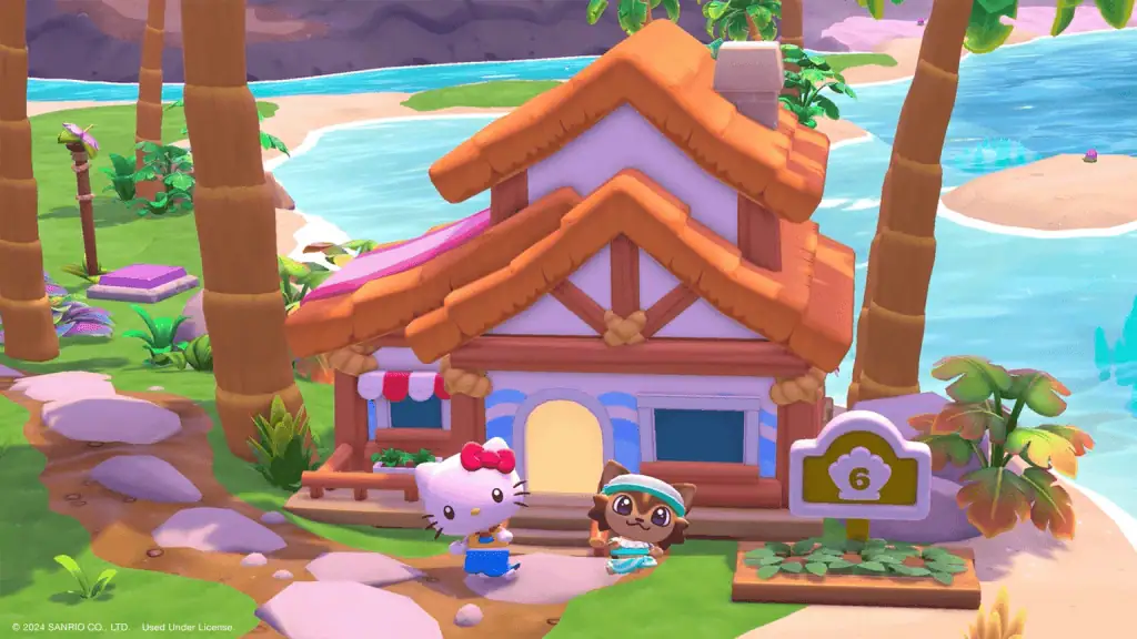 Adorable cozy house from a mobile game with colorful surroundings and tropical trees.