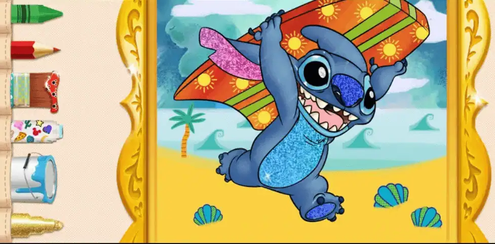 Cute Stitch surfing with a colorful surfboard on a sunny beach.