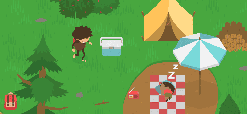 Player camping in a cozy outdoor mobile game with tent, campfire, and nature scene.