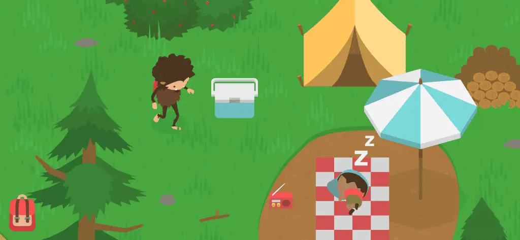 Player camping in a cozy outdoor mobile game with tent, campfire, and nature scene.