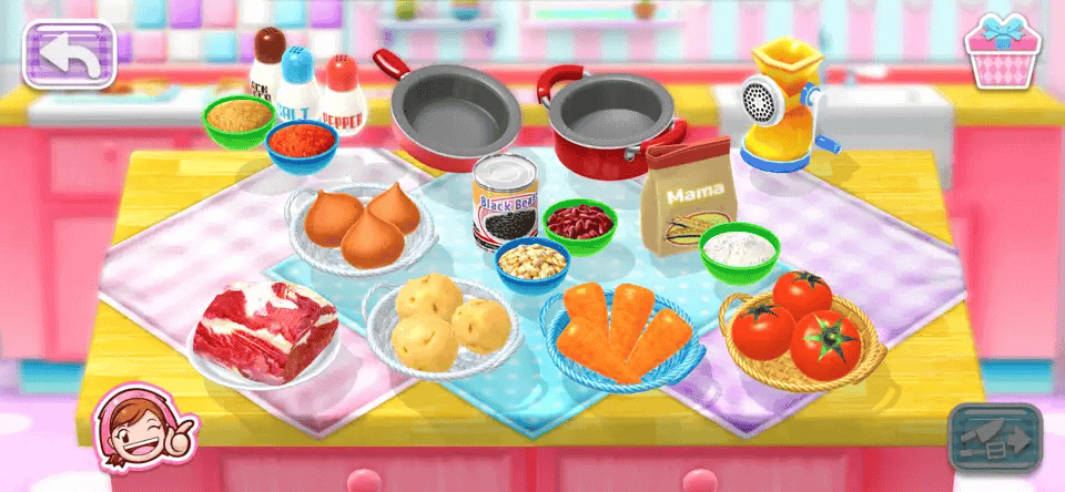 Virtual cooking game with colorful ingredients and utensils.