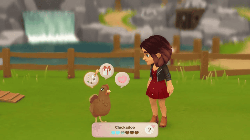 Cute girl with bird in a cozy outdoor game setting with waterfall background.