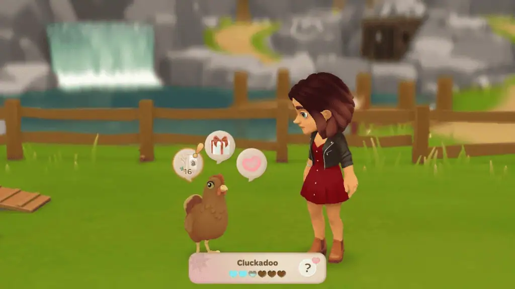 Cute girl with bird in a cozy outdoor game setting with waterfall background.