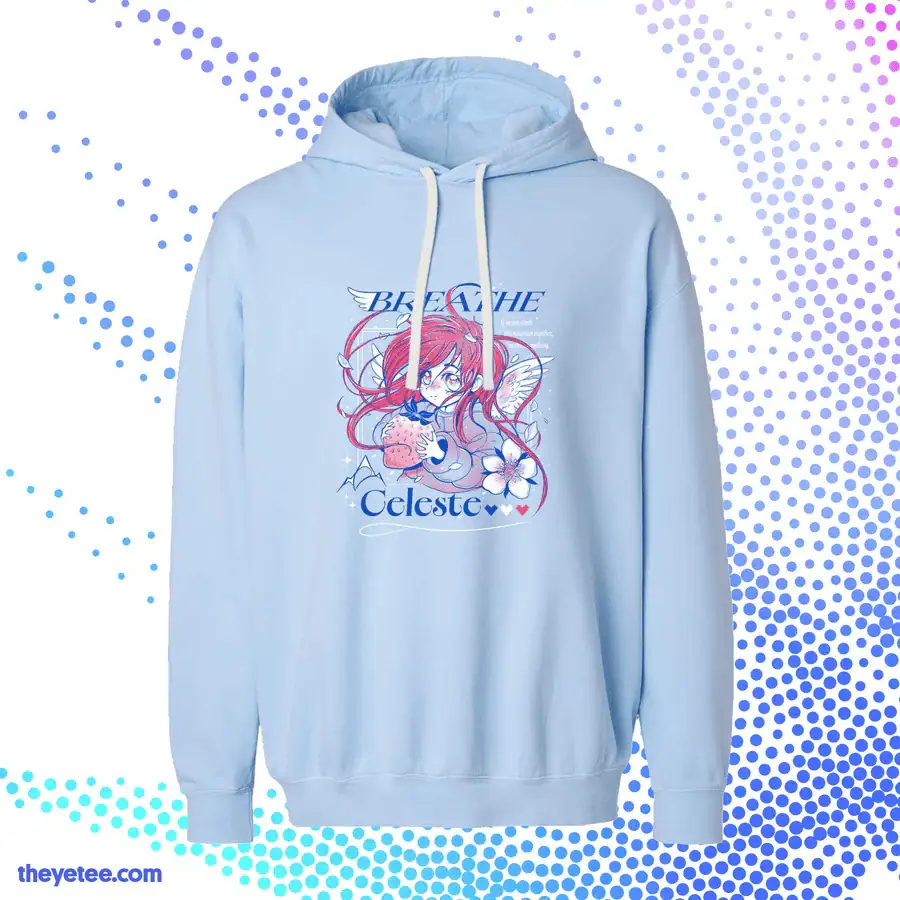 Light blue hoodie featuring Celeste character and gaming-themed artwork, perfect for cozy gaming ses.