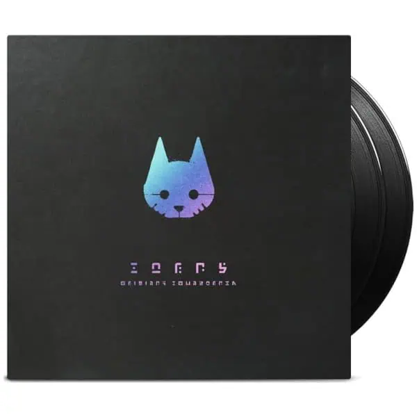 Cozy game vinyl record cover featuring a cute, pixel art-style cat face design.