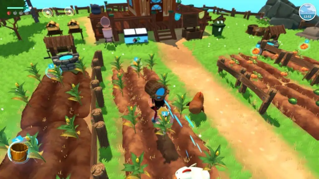 Player tending crops in a cozy farming simulation game on PlayStation.