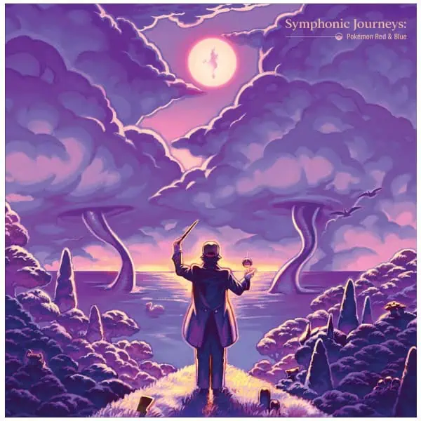 Enchanting scene of a conductor guiding a magical night sky with a glowing moon and swirling clouds.