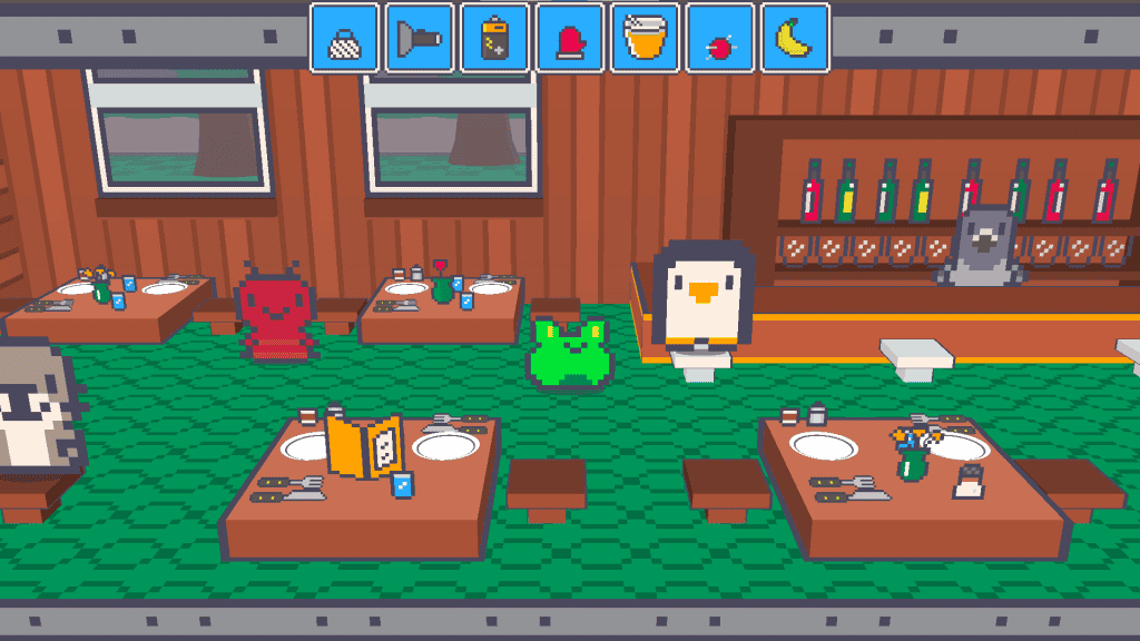 Cozy pixel art game scene with tables, drinks, and characters in a warm setting.