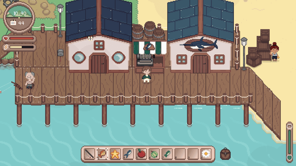 Charming coastal village scene with houses, dock, and villagers in a cozy game setting.