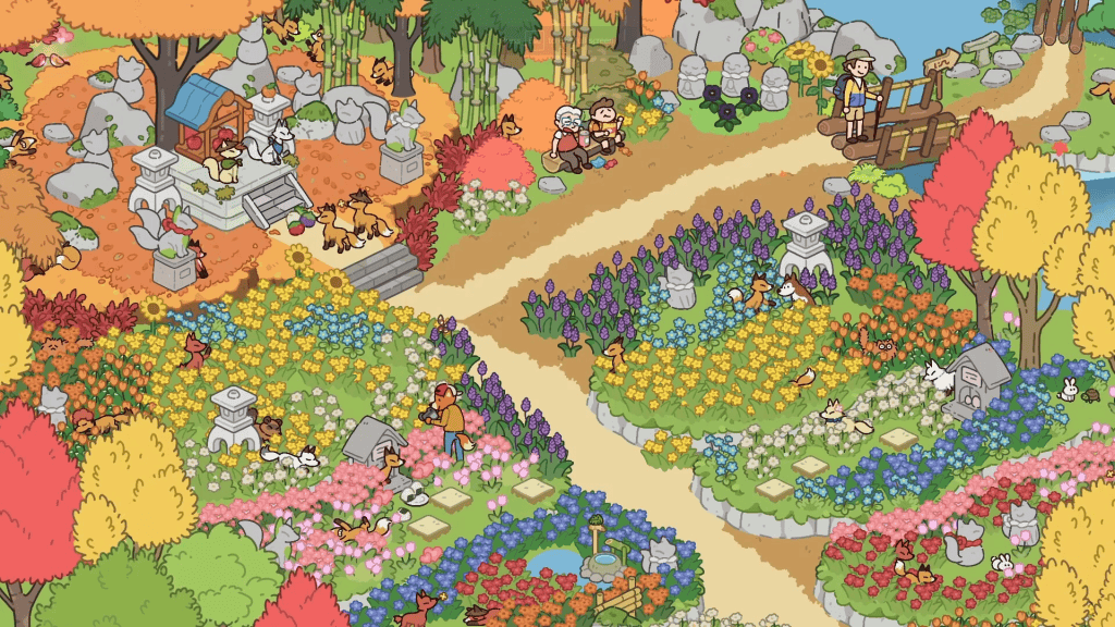 Cozy garden scene with vibrant flowers, trees, and characters in a charming pixel art style.