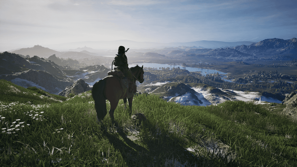 Beautiful scenic view from a cozy game setting with a character on horseback overlooking mountains a.
