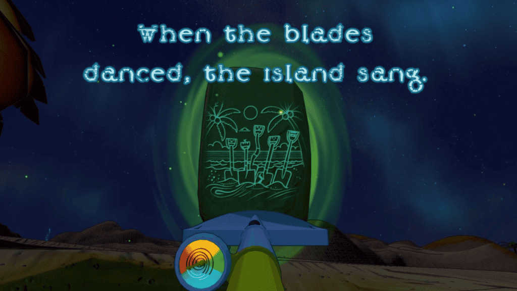 Enchanting island scene with glowing northern lights and a spaceship in a cozy game setting.