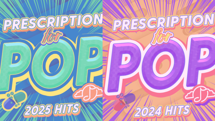 Colorful pop music-themed graphic with "Prescription for Pop" text and musical icons.