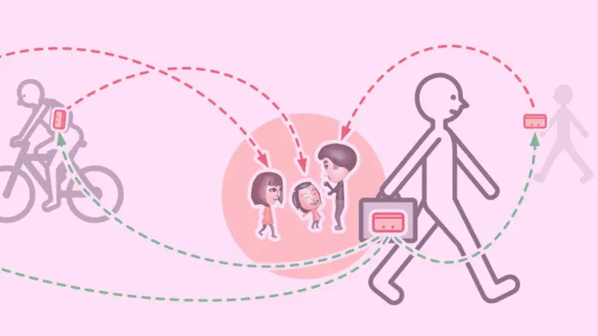 Illustration of a person using a Nintendo Switch for StreetPass interactions.