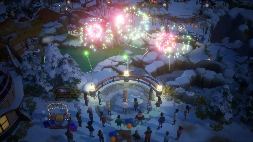 Festive winter scene on Cozy Island with fireworks and snow-covered trees.
