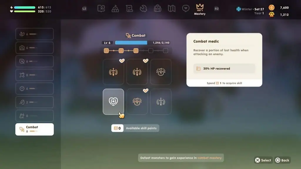 In-game screenshot of Coral Island showing character skills and combat menu.