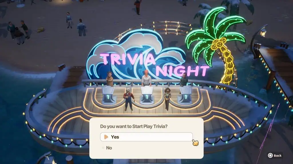 Virtual trivia night on Coral Island with neon signs and players participating.