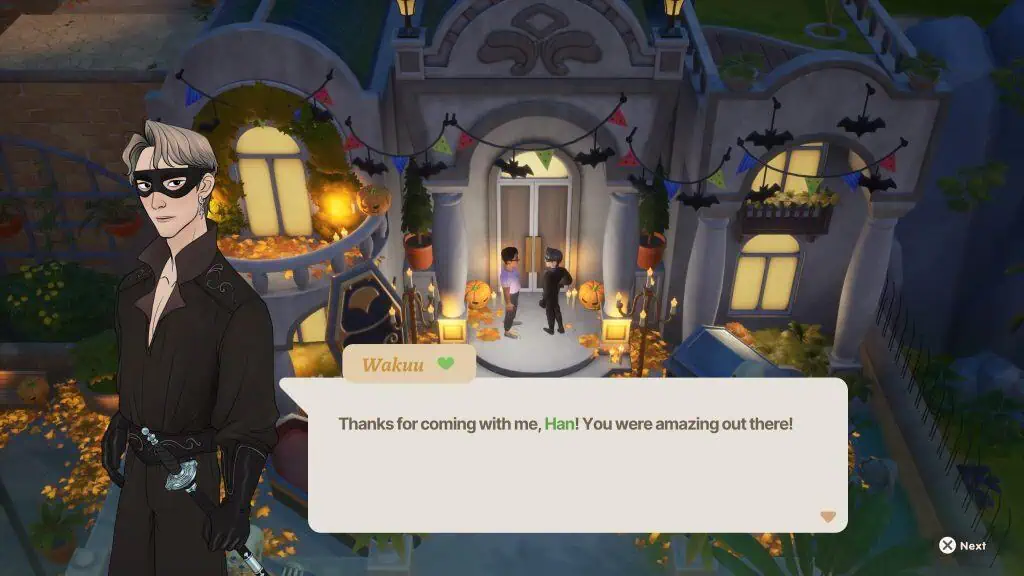 Spooky Halloween house scene from Coral Island game with festive decorations and characters celebrat.