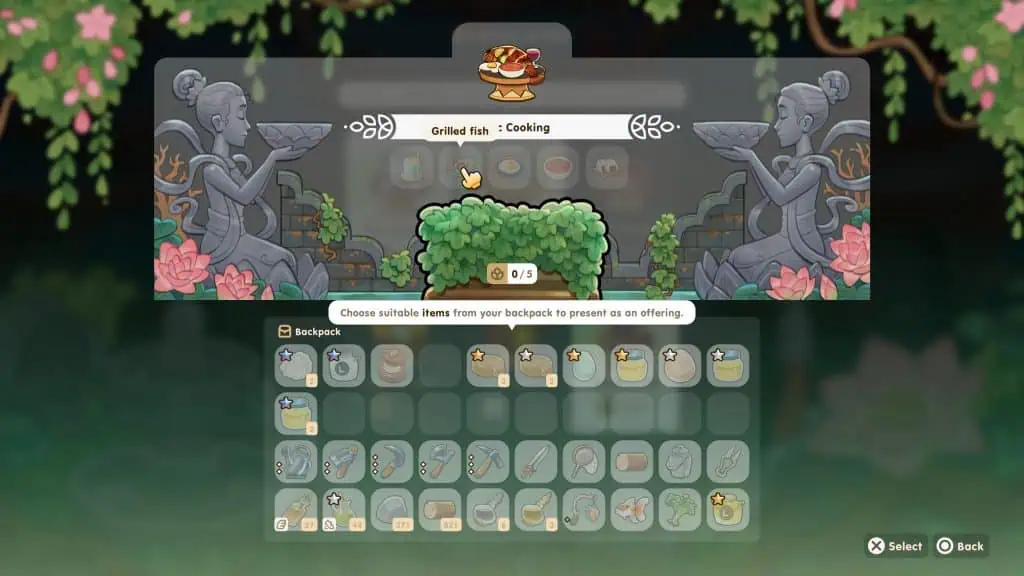 An engaging image from Coral Island showcasing in-game cooking and backpack items, highlighting game.