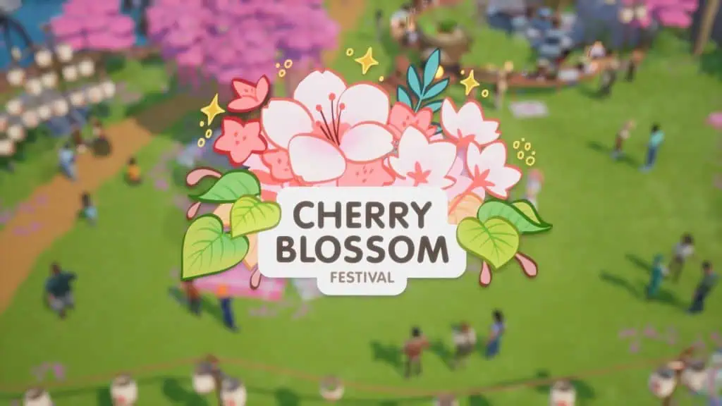 Colorful cherry blossom festival scene from cozy simulation game, vibrant flowers and festive atmosp.
