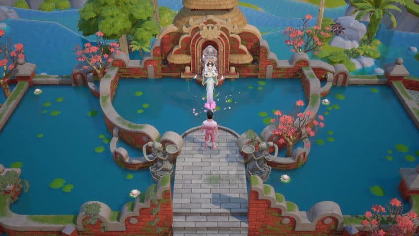 Peaceful garden scene with a decorative fountain, pink cherry blossoms, and lush greenery in Coral I.