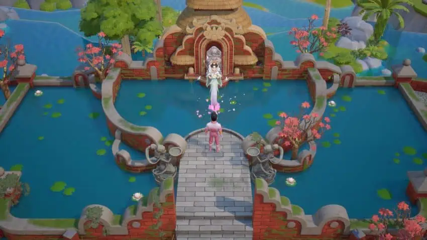 Peaceful garden scene with a decorative fountain, pink cherry blossoms, and lush greenery in Coral I.