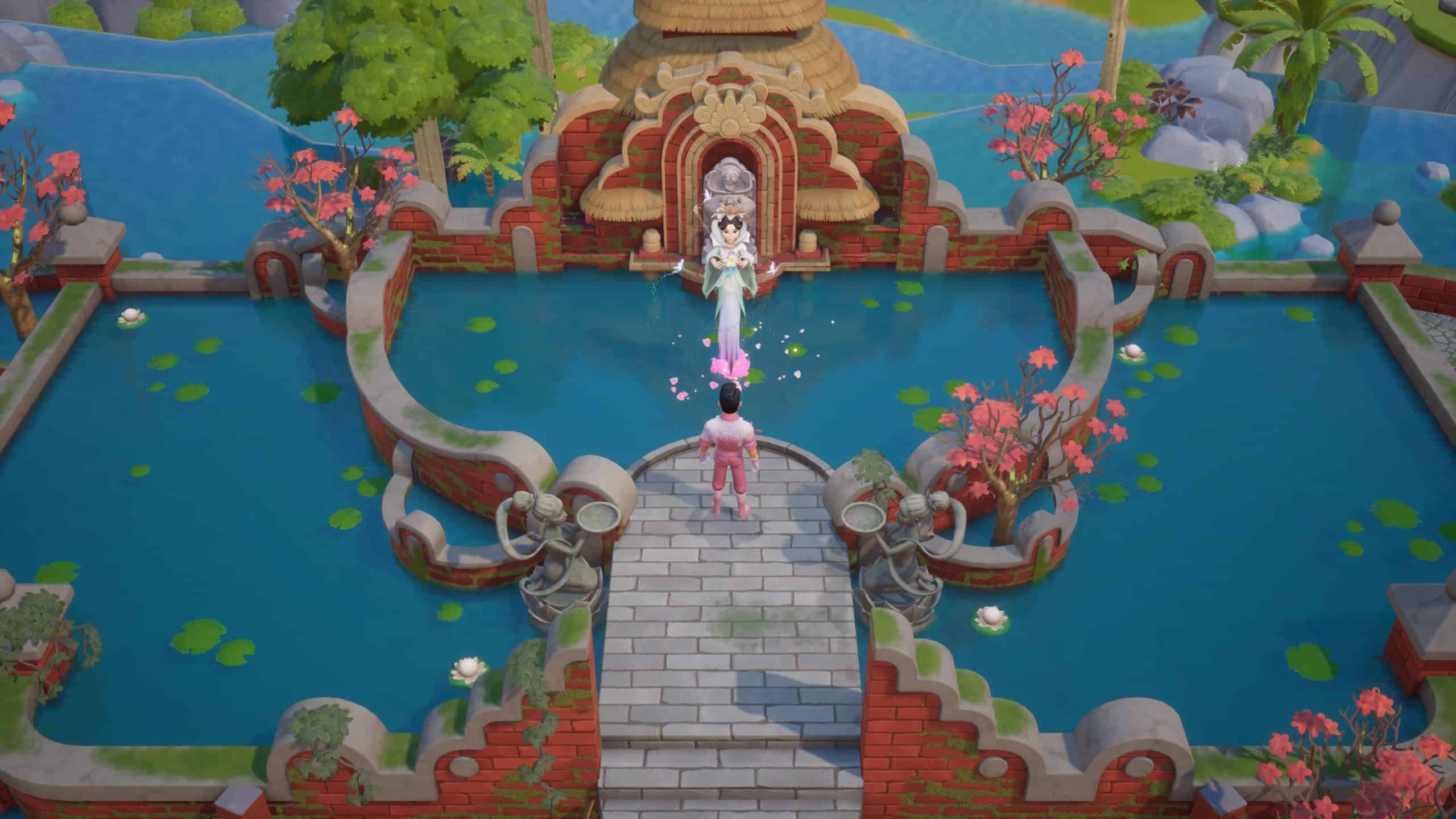 Peaceful garden scene with a decorative fountain, pink cherry blossoms, and lush greenery in Coral I.