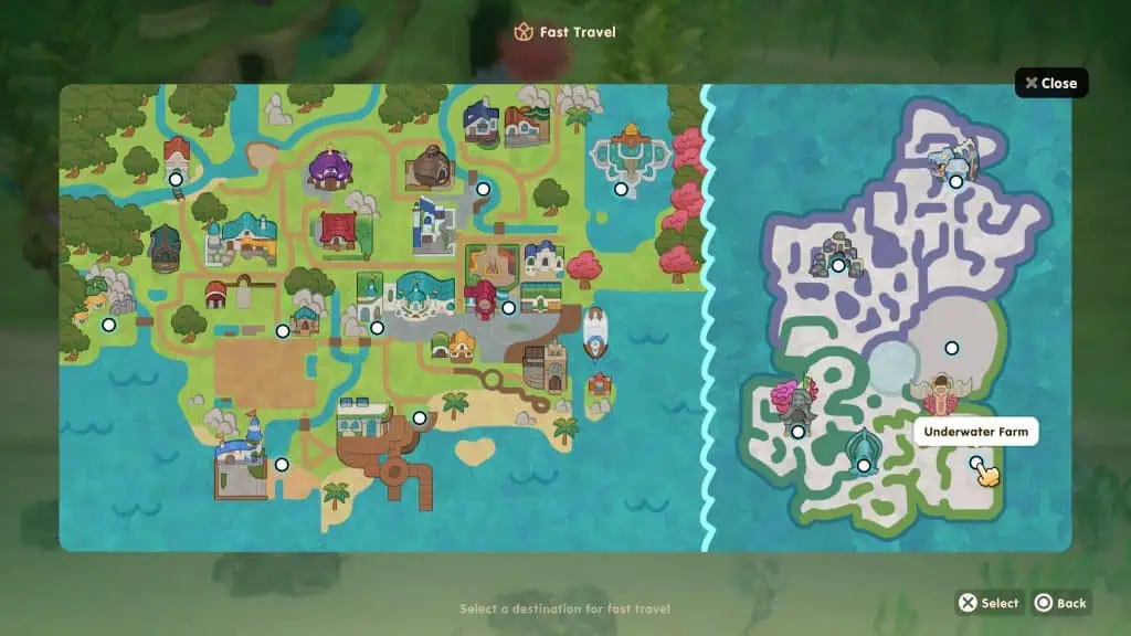 Detailed Coral Island game map with key locations and underwater farm area.