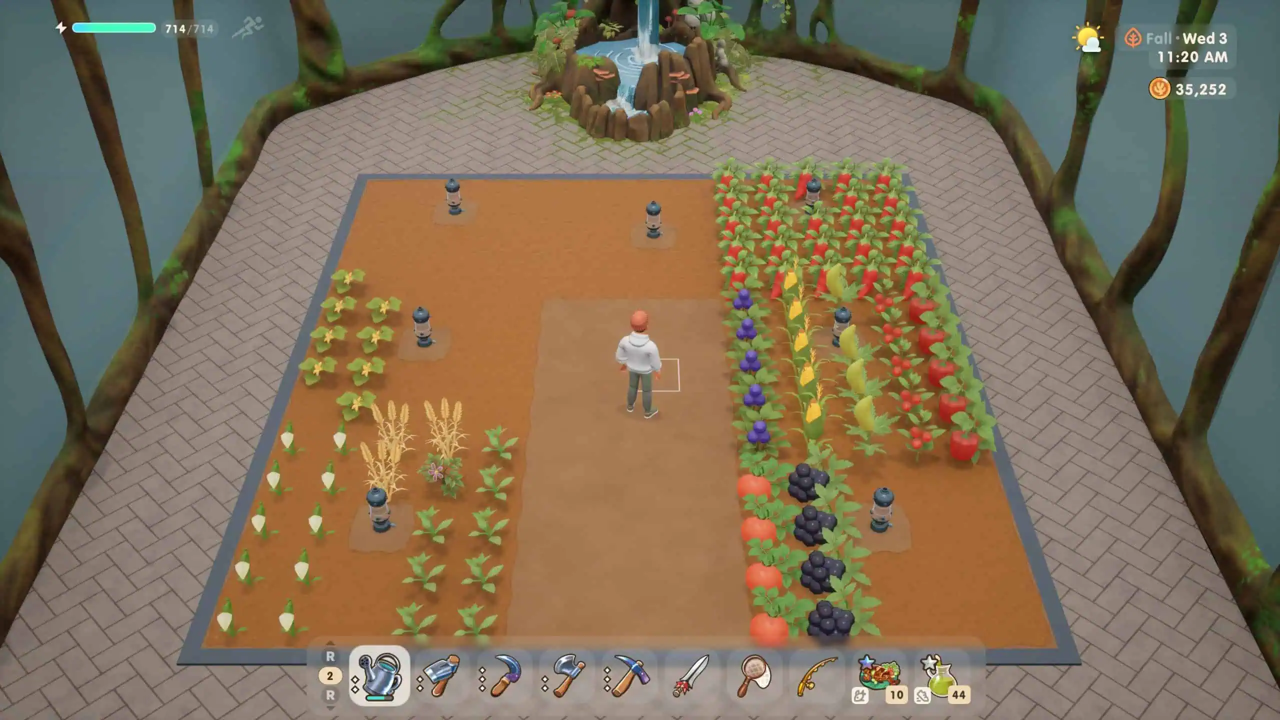 Virtual farming garden in Coral Island game with colorful crops and tools.