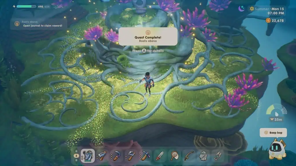 Player completes the Roots quest on Coral Island, surrounded by vibrant plants and glowing roots.