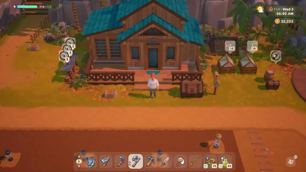 Cozy Island farmhouse with characters and farming tools in vibrant game setting.