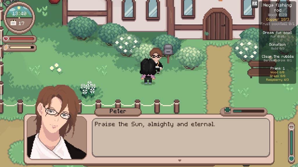 Garden scene from a cozy pixel art game with characters and lush greenery.