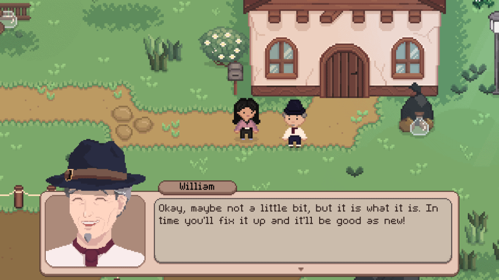 Pixel art scene from a cozy game with characters near a house.