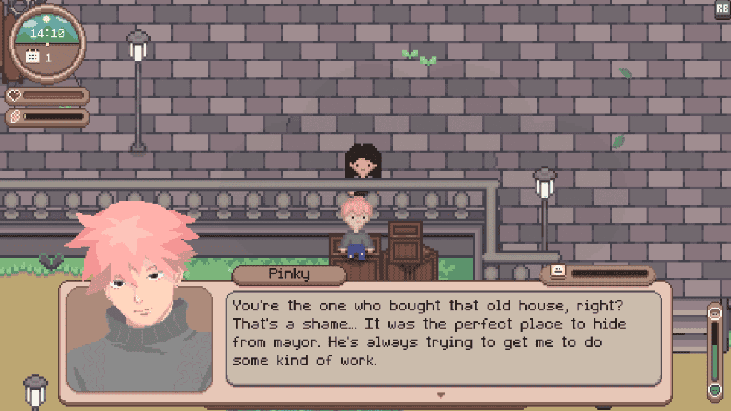 A cozy game scene with pink-haired character Pinky talking to a girl on a brick wall background.