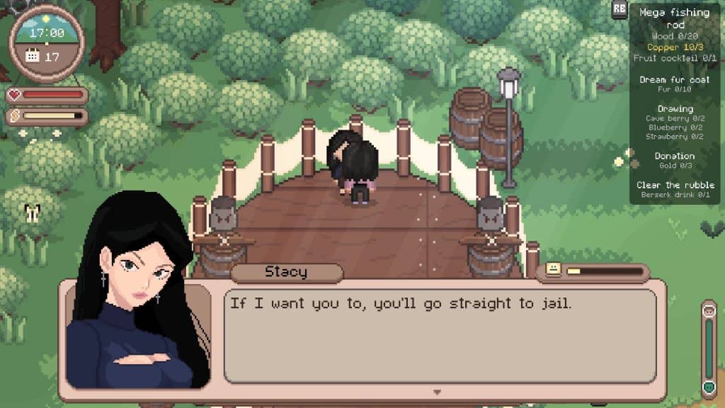 A character named Stacy warns about jail in a pixel art game setting. Forest background with a woode.