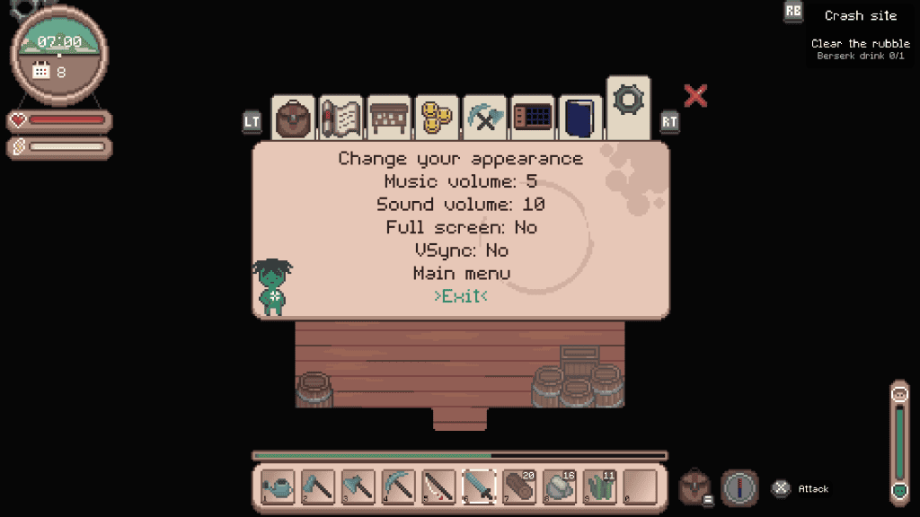 Cozy game customization menu with sound and music controls.