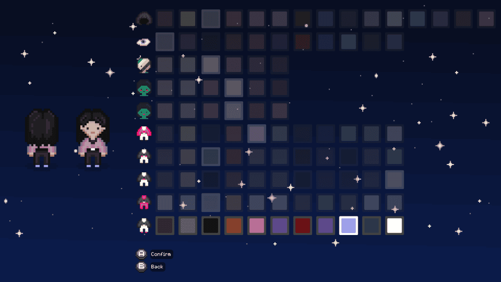 Pixel art of two characters in a space-themed game with stars and planets.