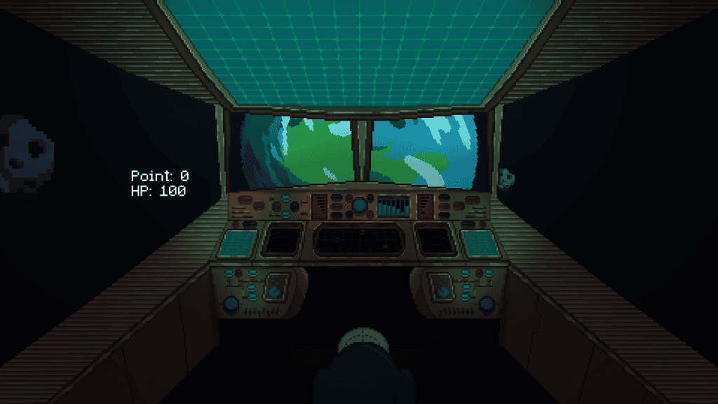 Interior view of a spaceship cockpit with Earth in the background.