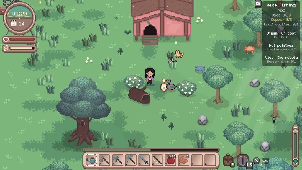 Cute pixel art farm scene with animals and a character in a cozy setting.